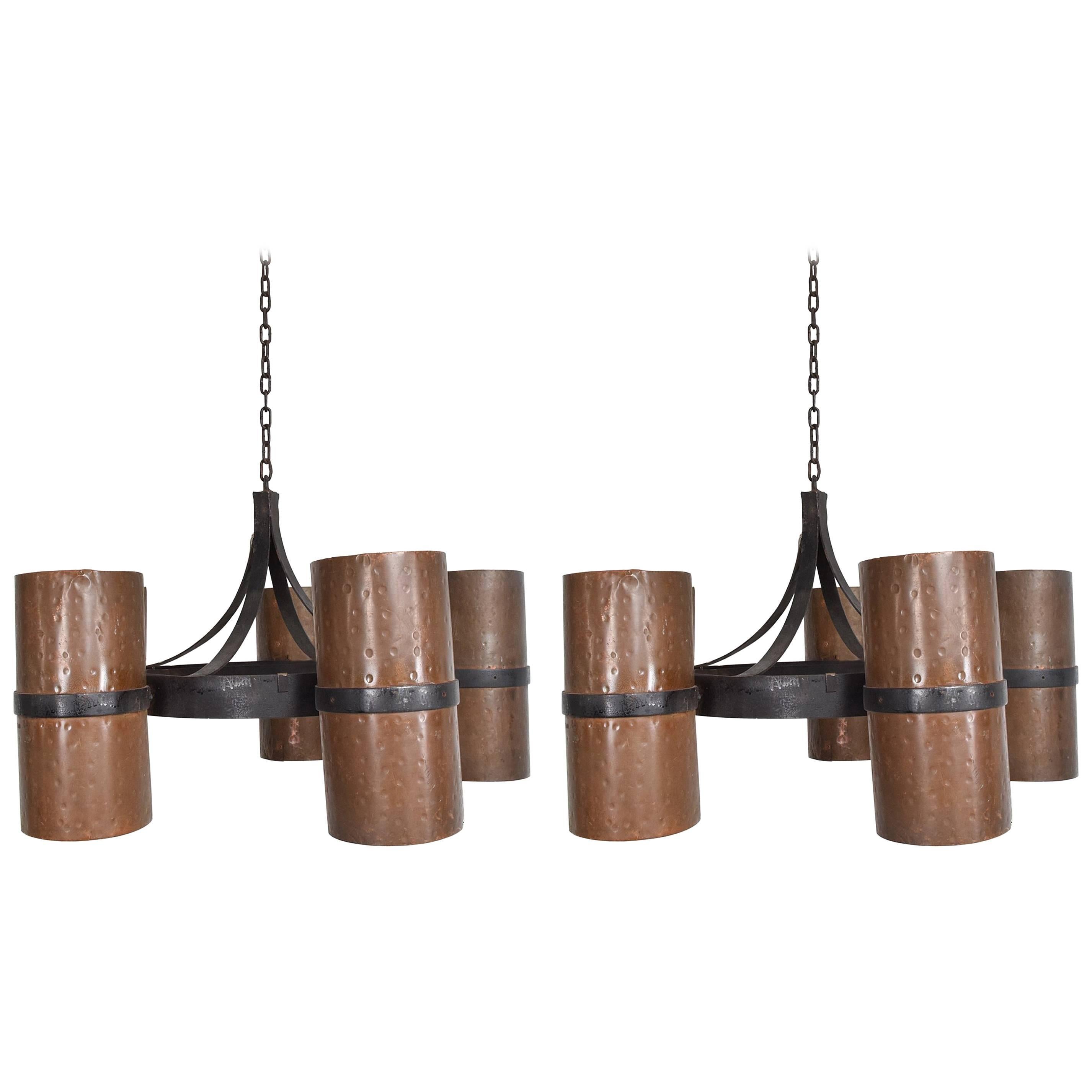 Pair of Hanging Light Fixtures Iron and Copper, Modernist Brutalist