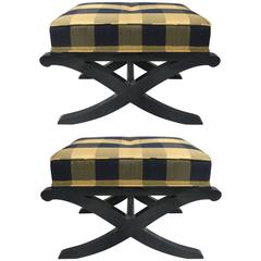 French Art Deco Emile-Jacques Ruhlmann Style Lacquered Benches in Silk, Pair 10