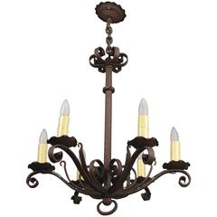 Handsome Spanish Revival Wrought Iron Six-Light Chandelier