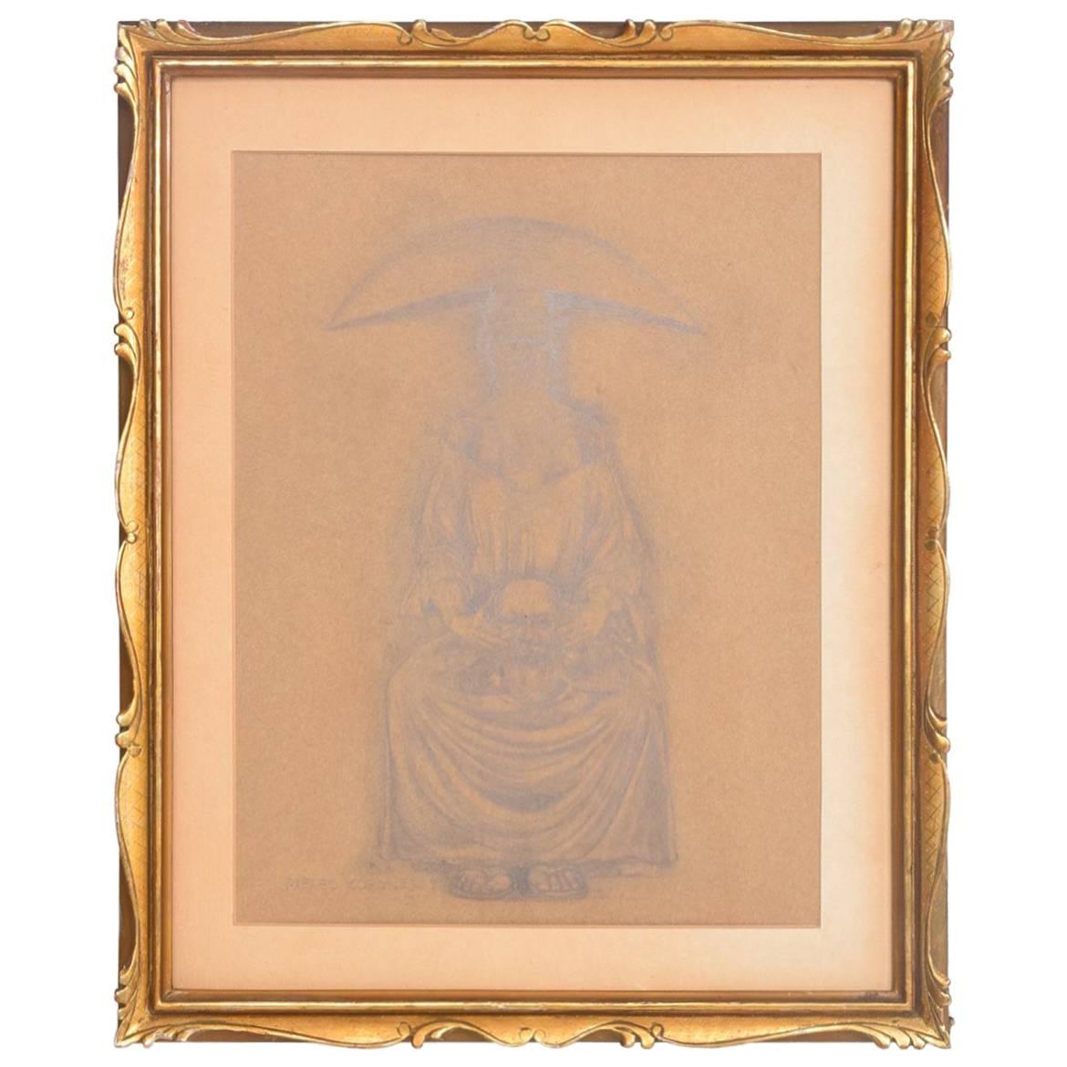 Rafael Coronel Drawing Pencil on Paper, Mounted Giltwood Frame