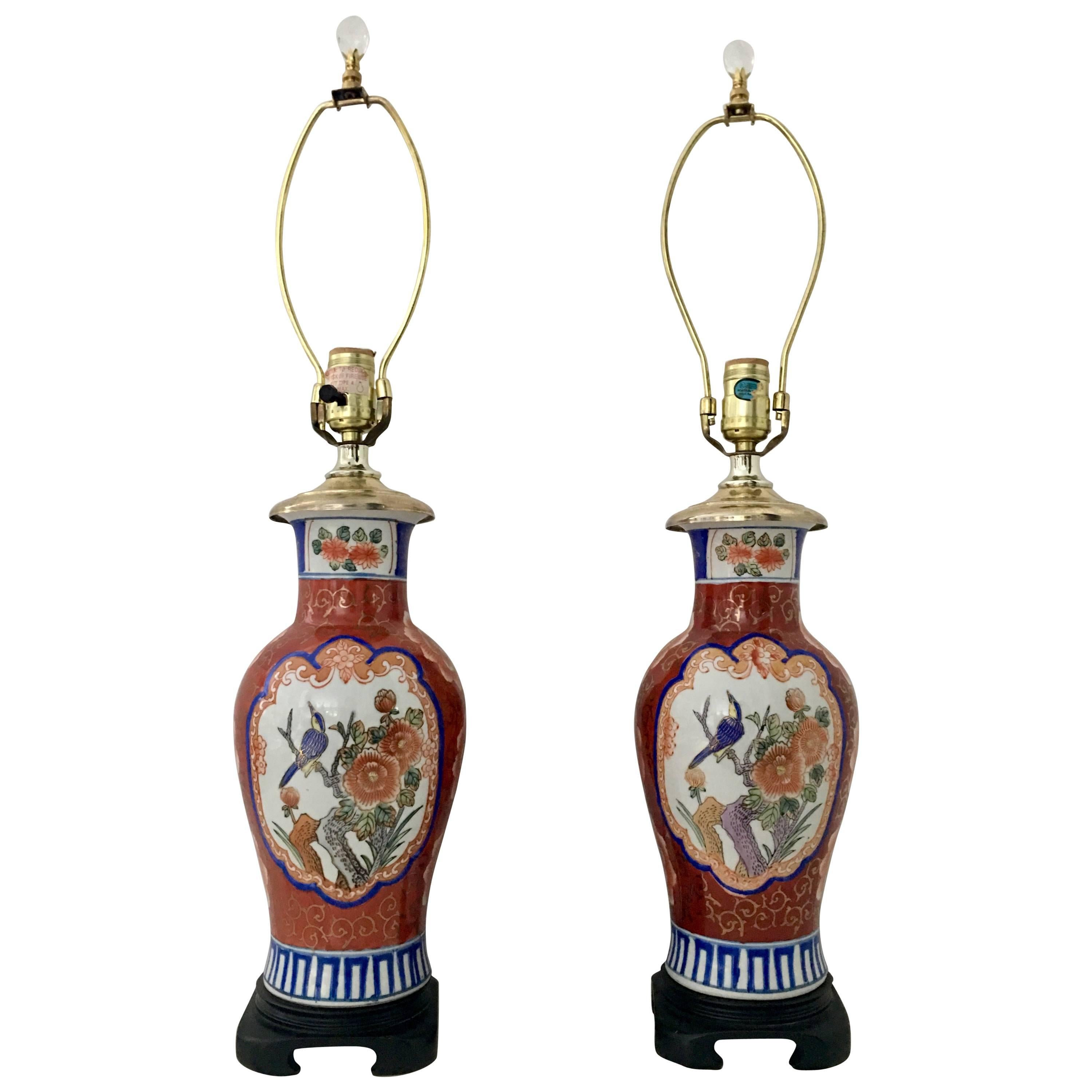 Pair of Mid-Century Hand-Painted Porcelain Imari Vase Lamps