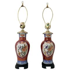 Vintage Pair of Mid-Century Hand-Painted Porcelain Imari Vase Lamps