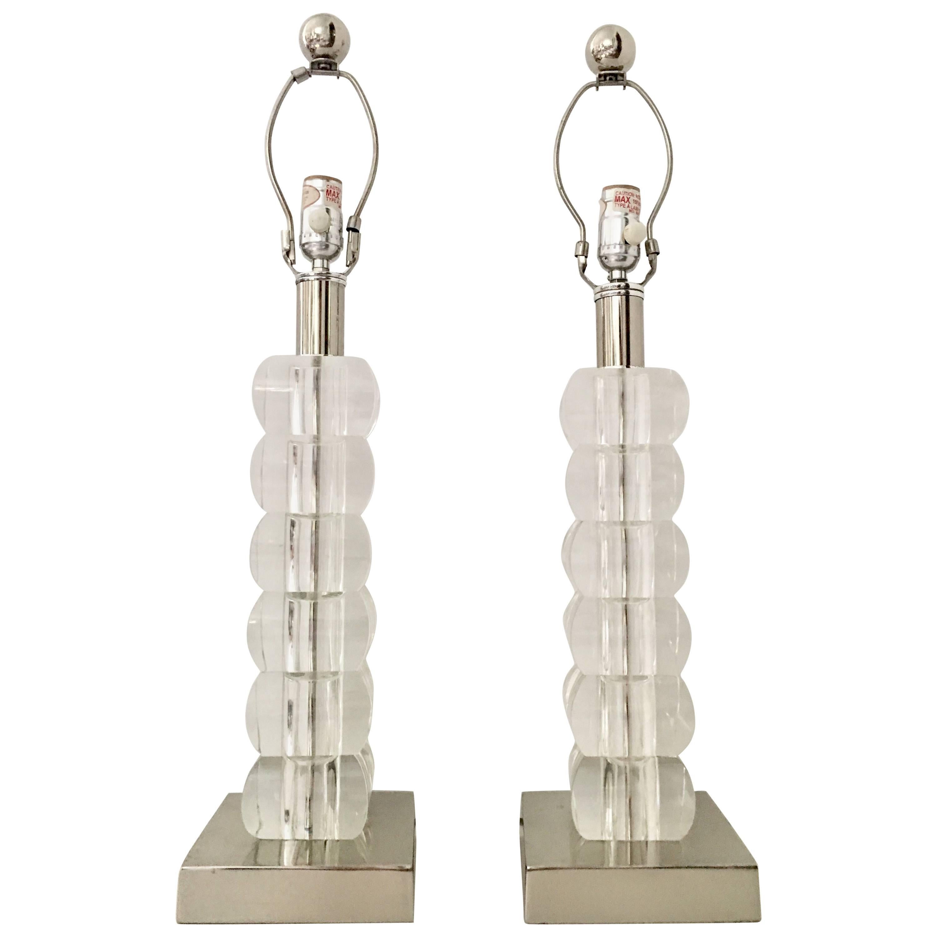 21st Century Pair Of Lucite Block & Chrome Table Lamps For Sale