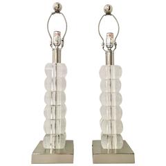 Contemporary Pair of Lucite Block and Chrome Table Lamps 3