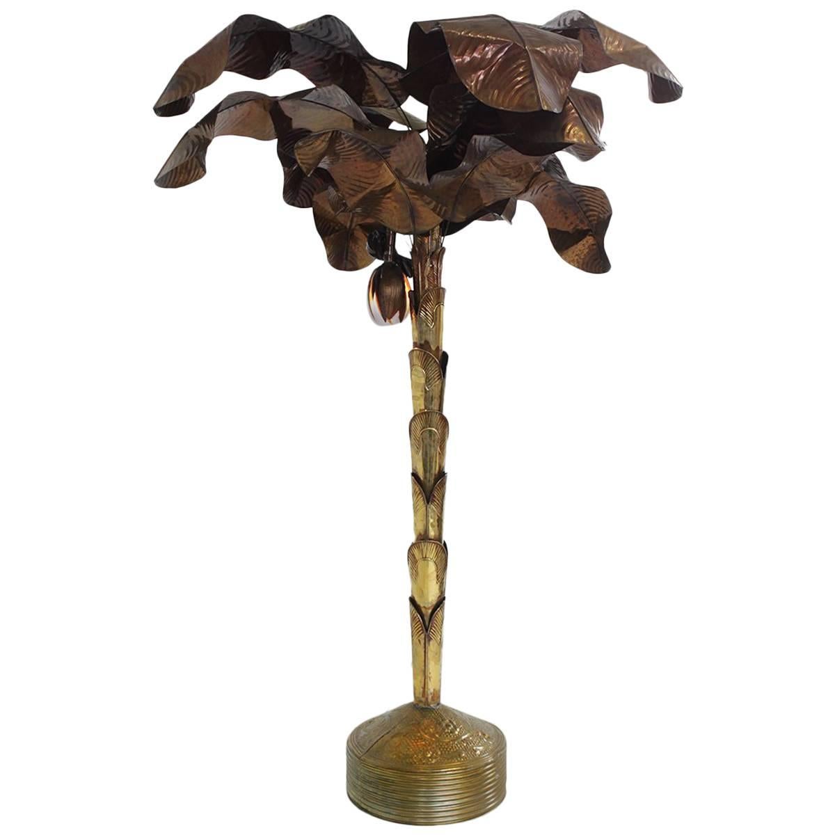 Mid-Century Brass and Copper Banana Tree Floor Lamp