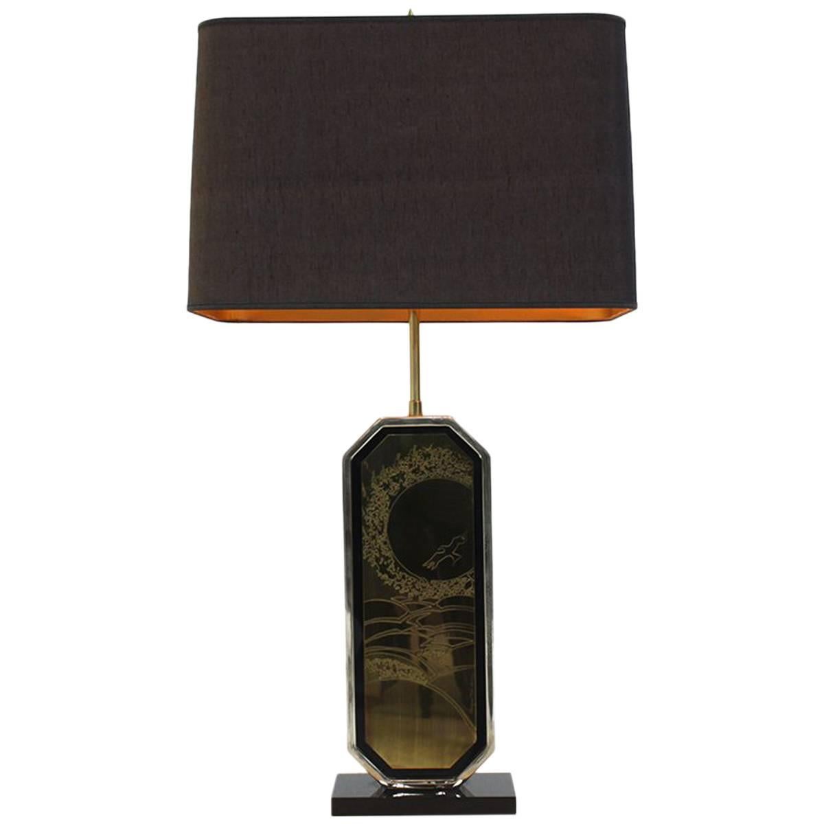Brass Etched Table Lamp by George Mathias For Sale
