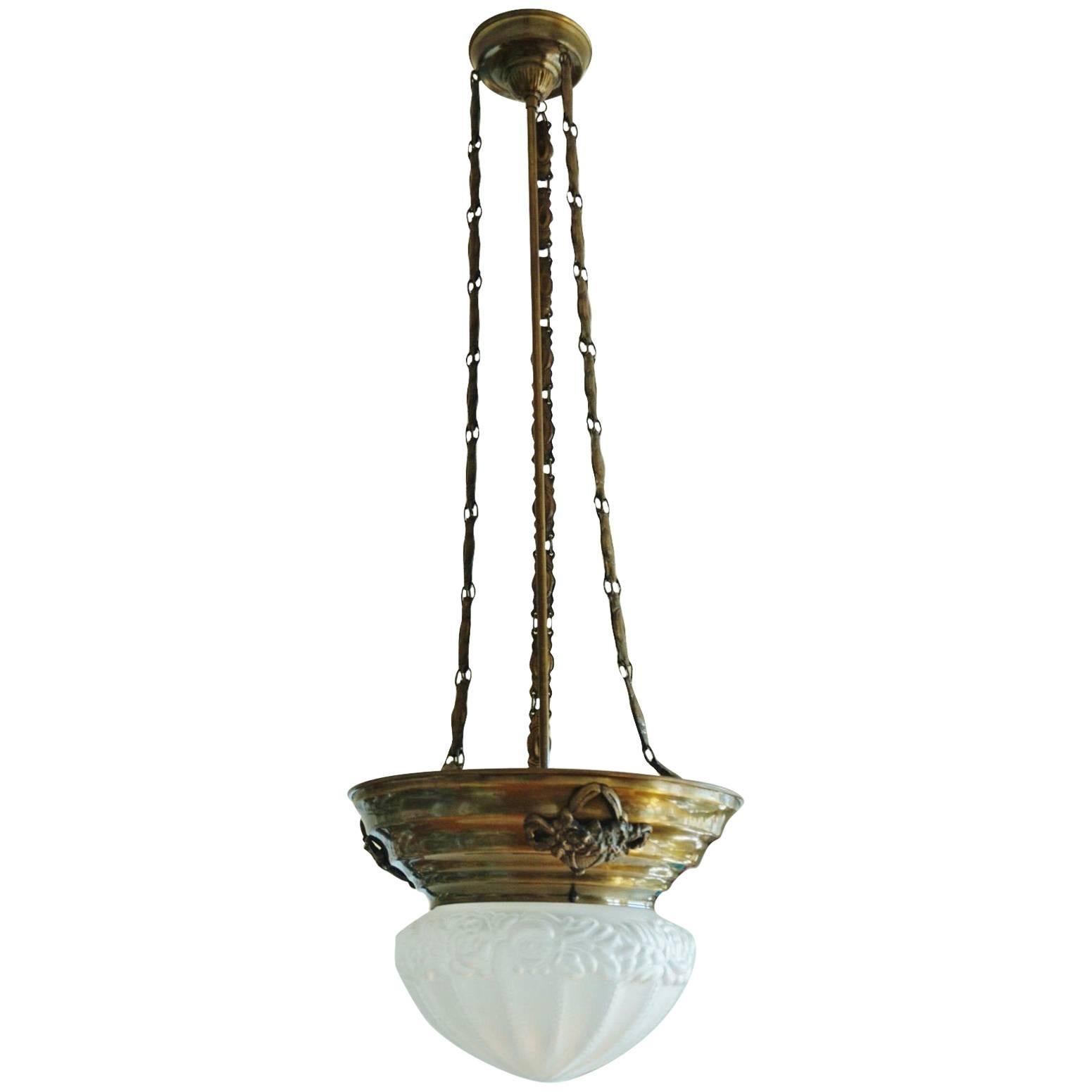 Art Nouveau Style Brass Pendant, Lantern with Frosted Glass Shade, circa 1920