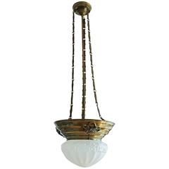 Antique Art Nouveau Style Brass Pendant, Lantern with Frosted Glass Shade, circa 1920
