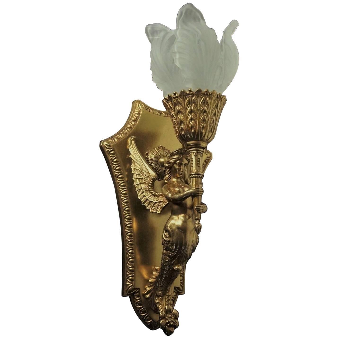 19th Century French Empire Winged Figural Wall Sconce Candelabra Bronze Glass