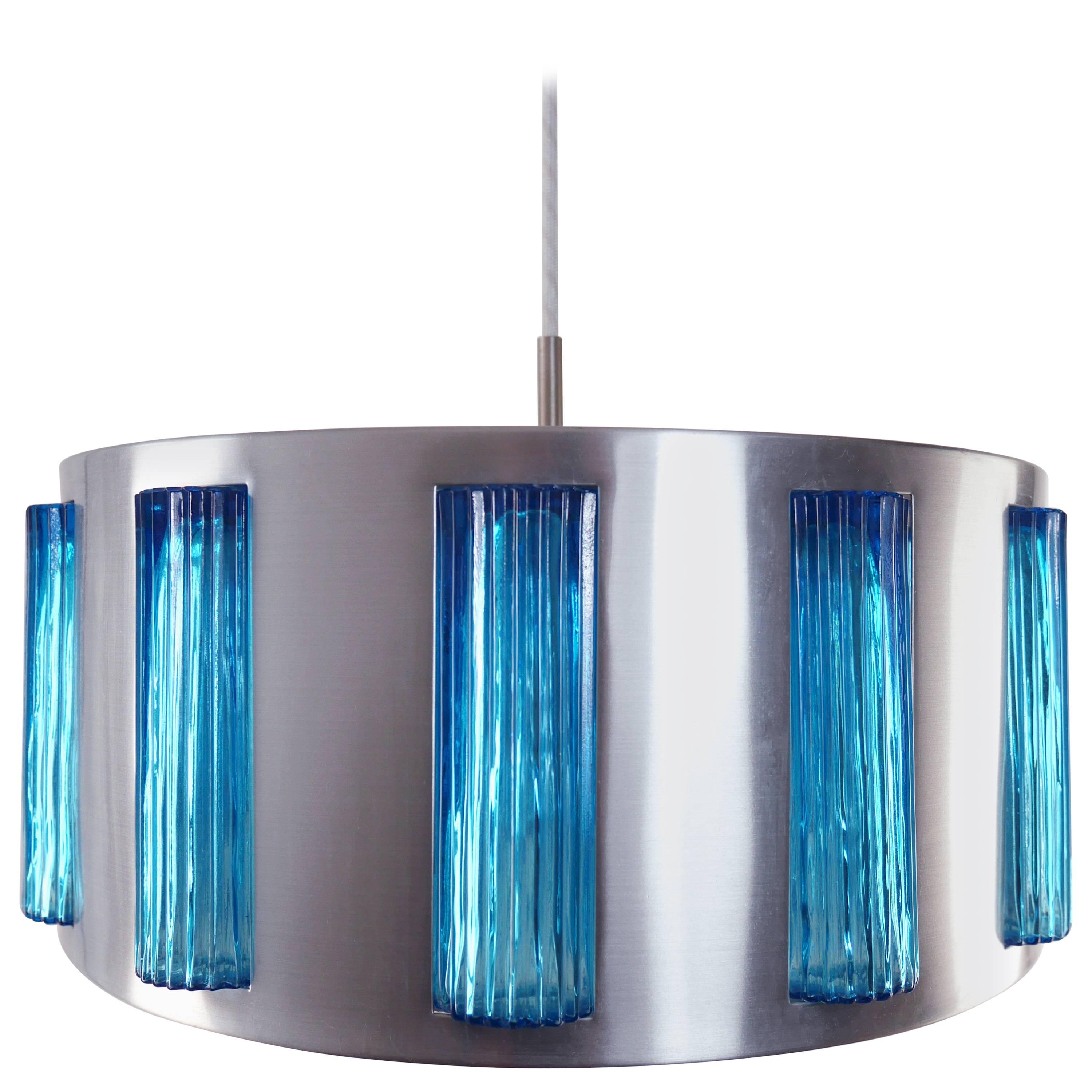 Midcentury Swedish Modern Blue Glass Drum Pendant by Orrefors Attributed, 1960s