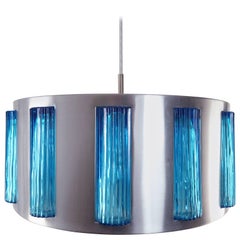 Midcentury Swedish Modern Blue Glass Drum Pendant by Orrefors Attributed, 1960s