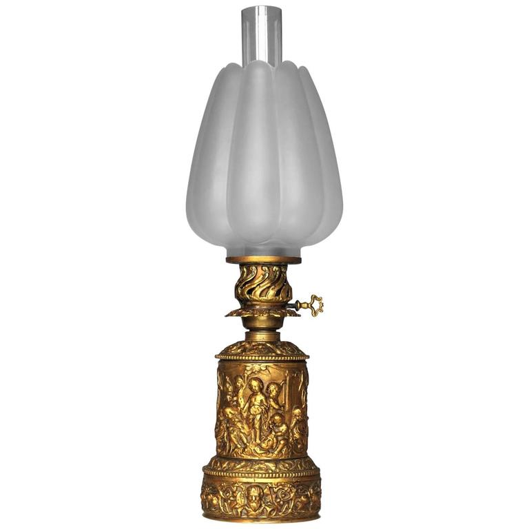 19th Century High Relief Gilded Bronze Oil Lamp Electrified For Sale at