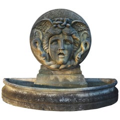 Vintage Italian Limestone Medusa Wall Fountain