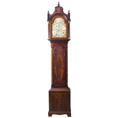 horloge de parquet du 18e siècle en acajou flammé et incrusté:: William Pridgin Hull