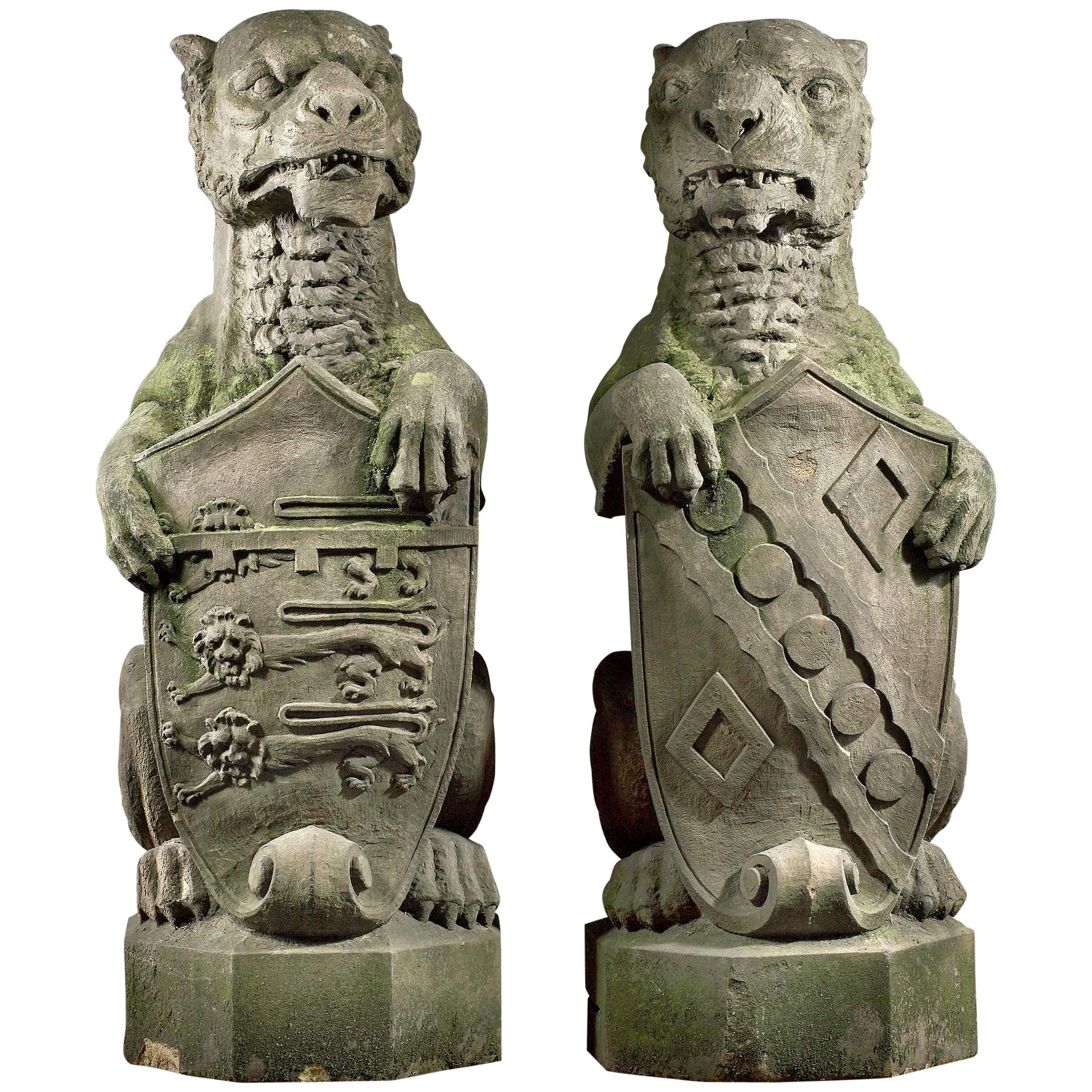 19th Century English Finials Carved as Heraldic Lions For Sale