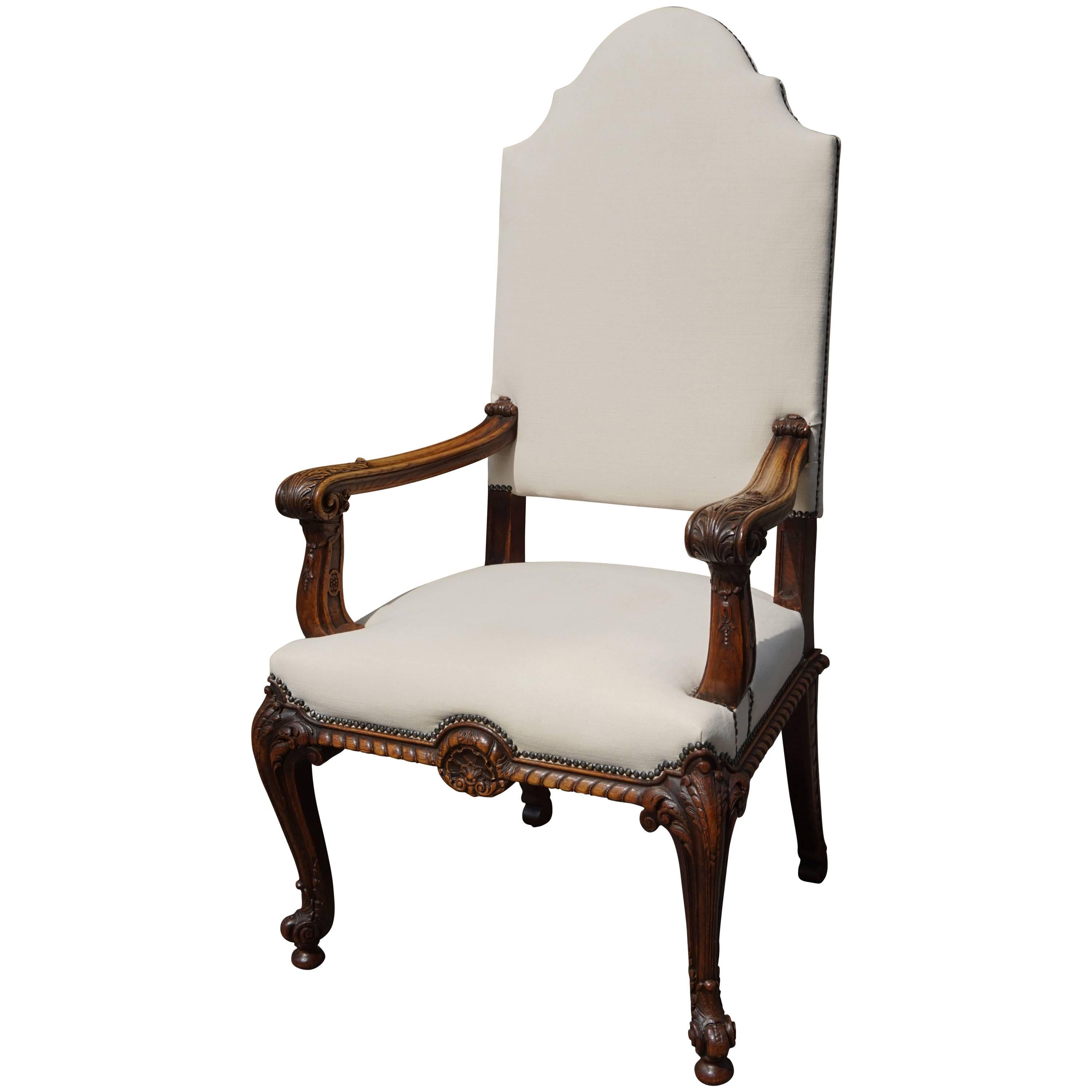 Antique Stunning & Hand-Carved Rococo Revival Armchair with Perfect Upholstery For Sale