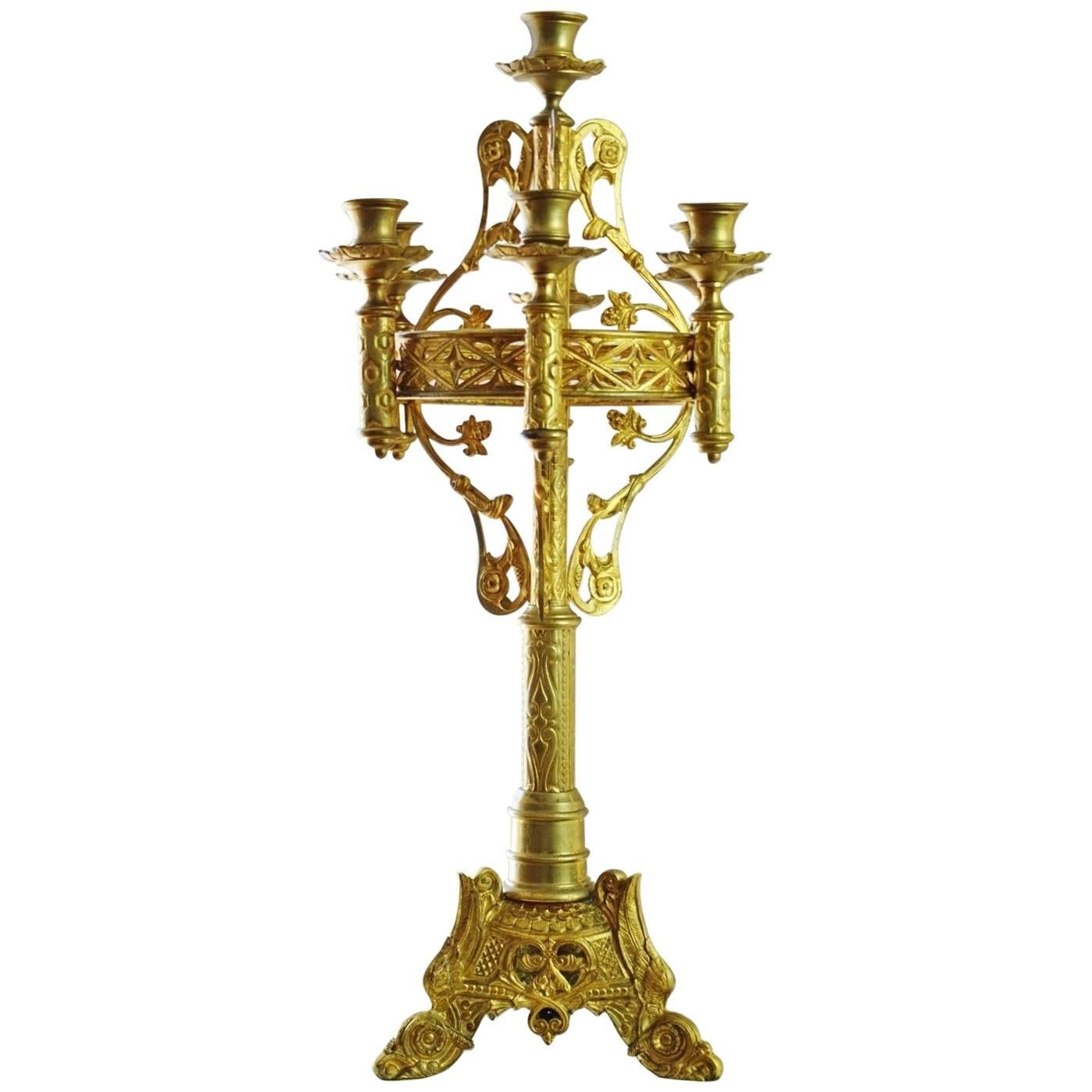 19th Century Gilt Bronze and Brass Church Candelabra Seven-Light Candleholder