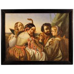 19th Century French Painting Oil on Canvas Scene with Party Noblemen