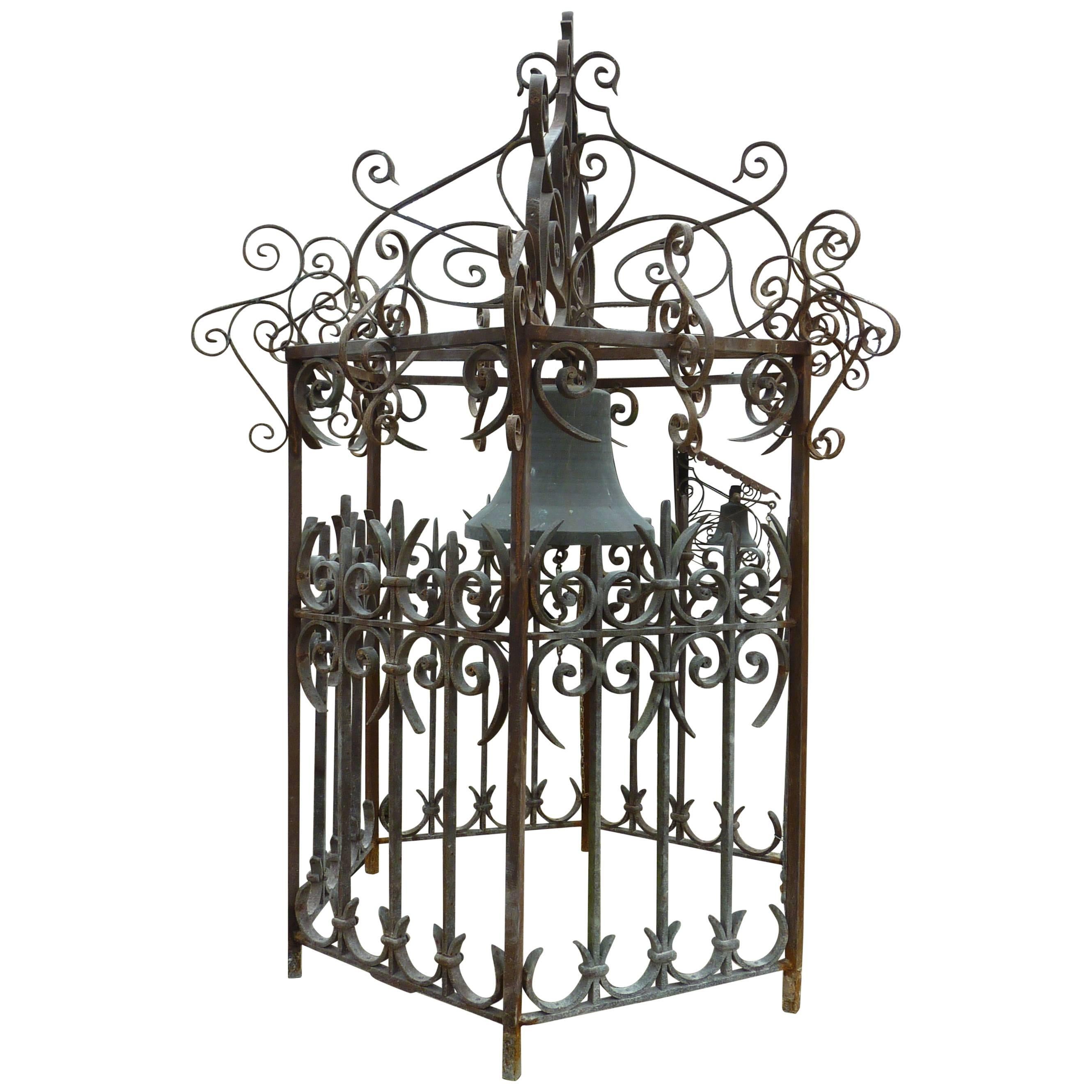 Antique Cast Bronze Bell and Its Wrought-Iron Campanile Structure, Provence For Sale