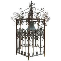 Antique Cast Bronze Bell and Its Wrought-Iron Campanile Structure, Provence
