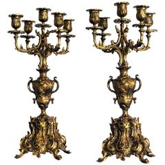 Paar große Jugendstil-Kerzenhalter aus Bronze mit fünf Lichtern, um 1890