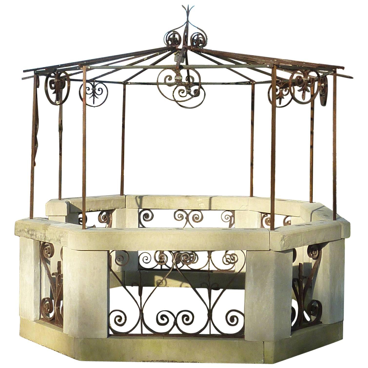 Octagonal Garden Kiosk with Wrought Iron Grids and Limestone, Provence For Sale