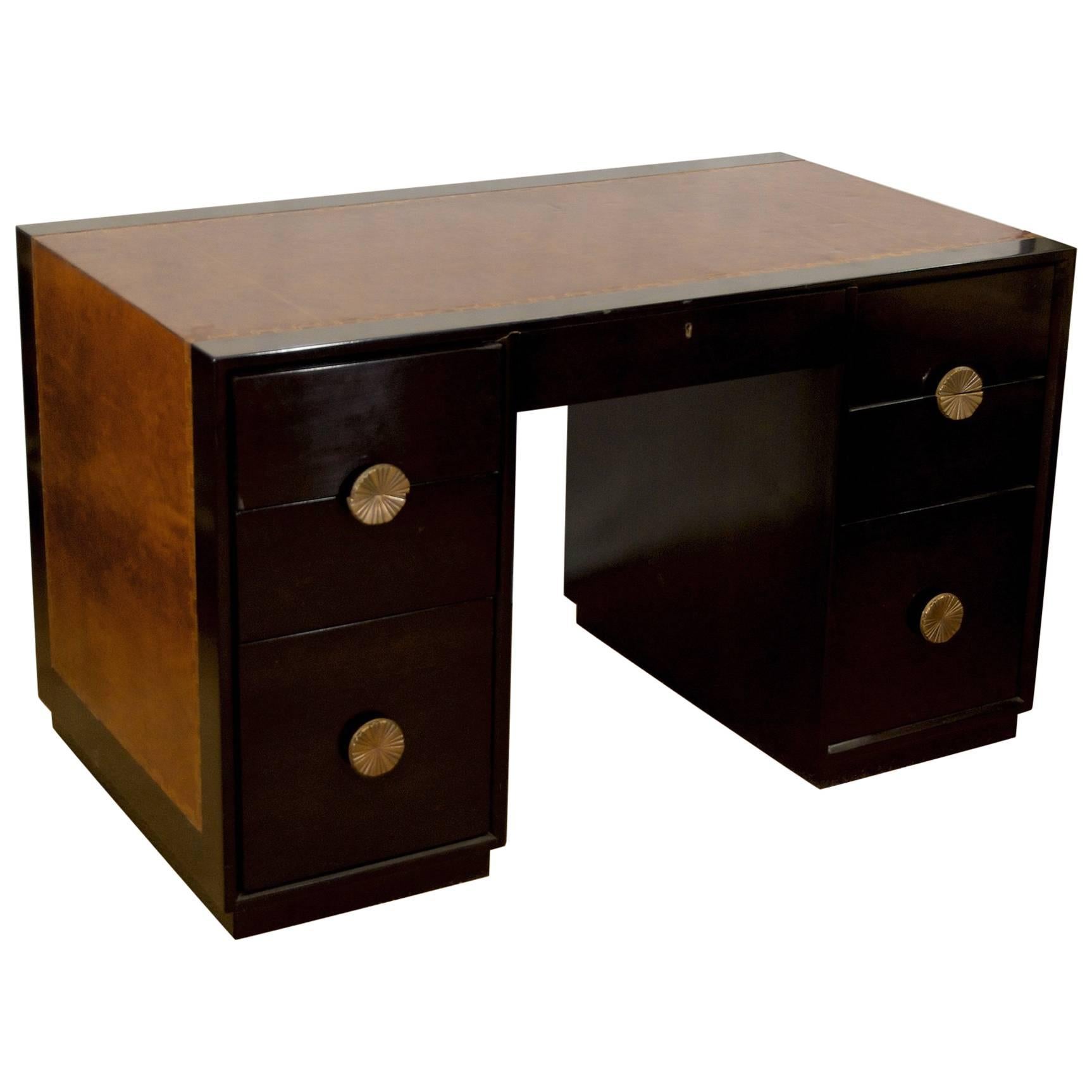 Leather Topped Charak Modern Ebonized Desk Attributed to Parzinger For Sale