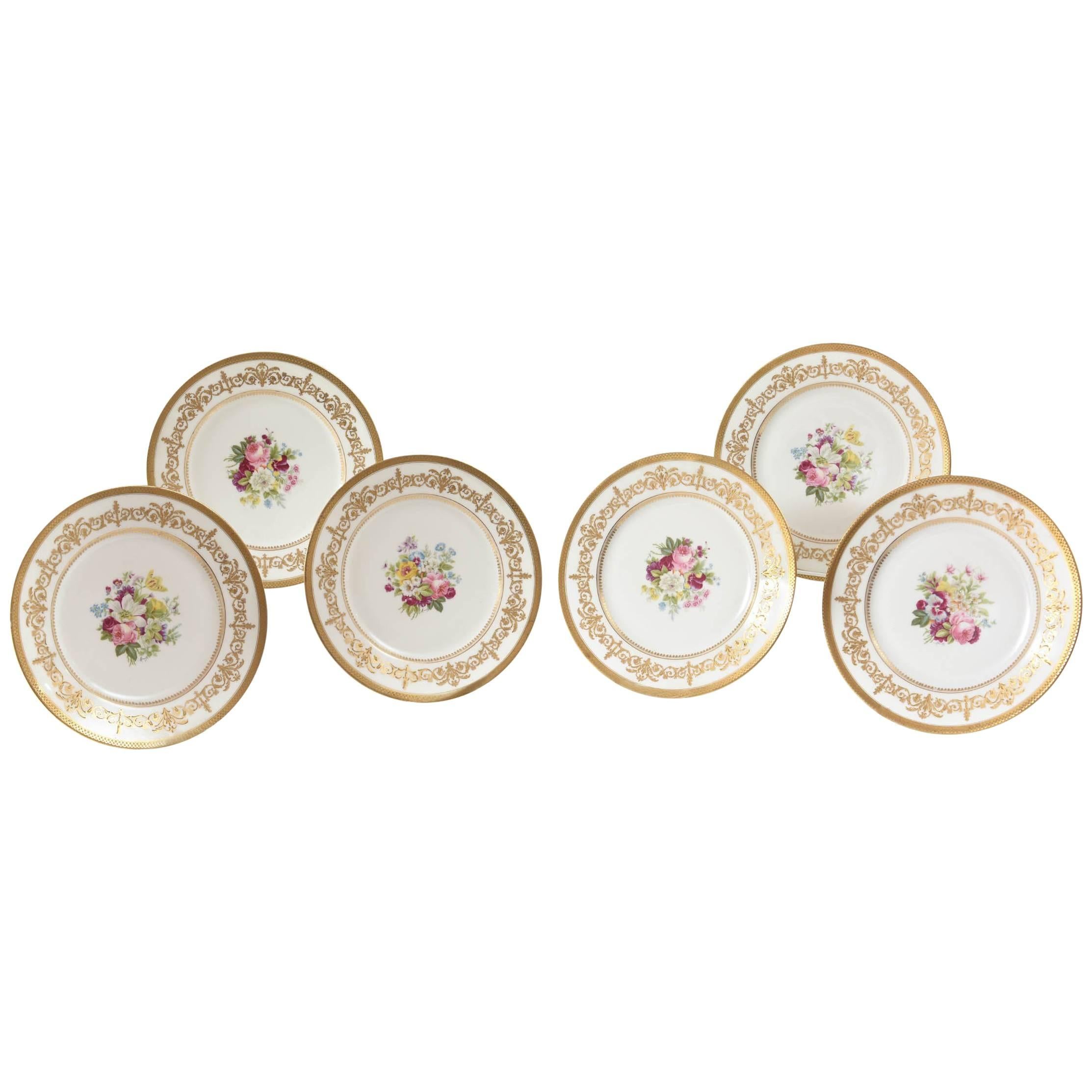 Antique Limoges Floral Plates, Raised Gilt Accents, Set of Six
