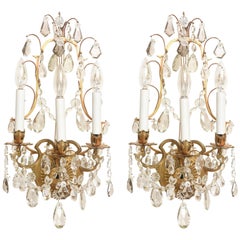 Antique Pair of Elegant Regency Style Crystal Sconces, Chased Gilt Metal Three-Light