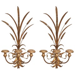 Pair of Italian Gilt Metal Hollywood Regency Style Sconces, Excellent Patina