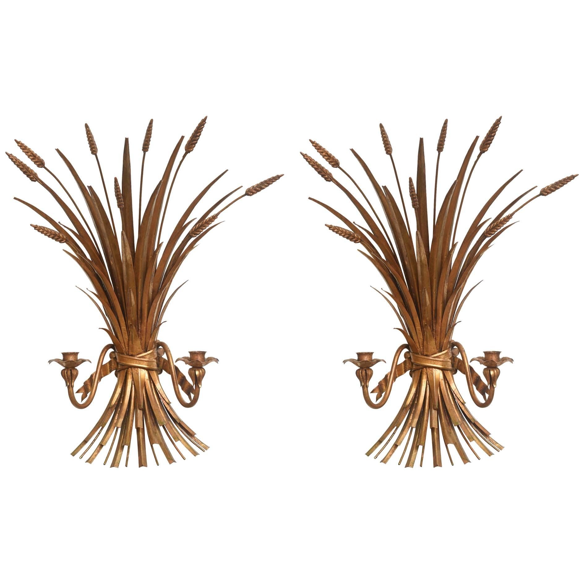Pair of Hollywood Regency Style Sconces, Gilt Metal Wheat with Two Candleholders