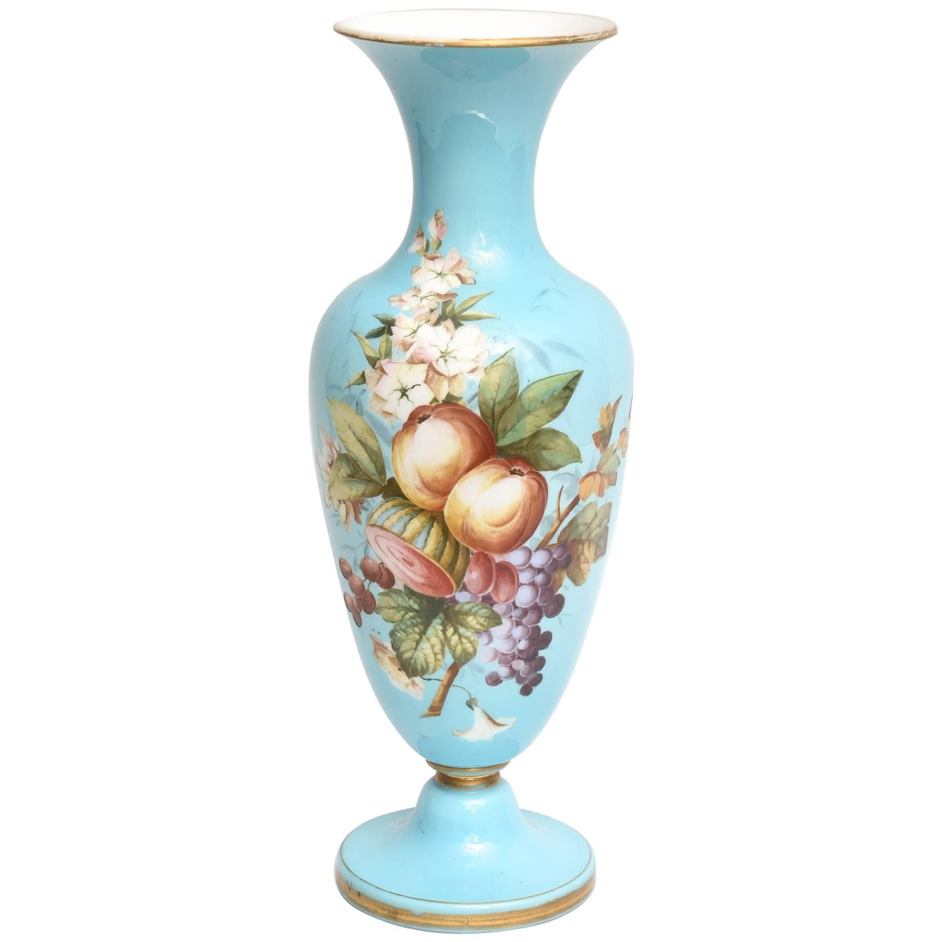 Tall Opaline Glass Vase with Hand-Painted Florals, Attributed to Baccarat