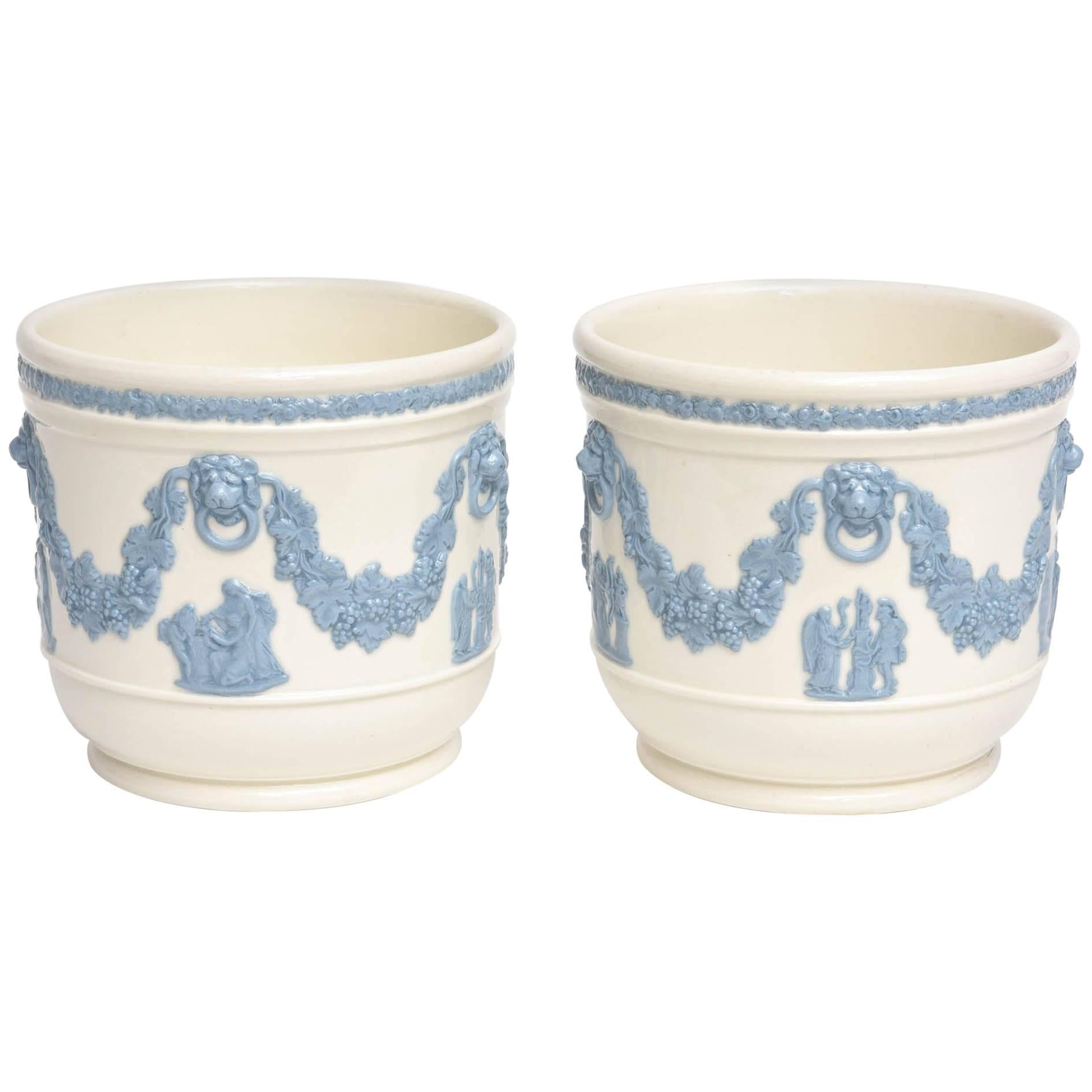 Pair of Wedgwood Blue White Cache Pots, Lion's Head Handles Classical Scenes