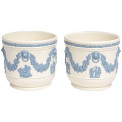 Vintage Pair of Wedgwood Blue White Cache Pots, Lion's Head Handles Classical Scenes