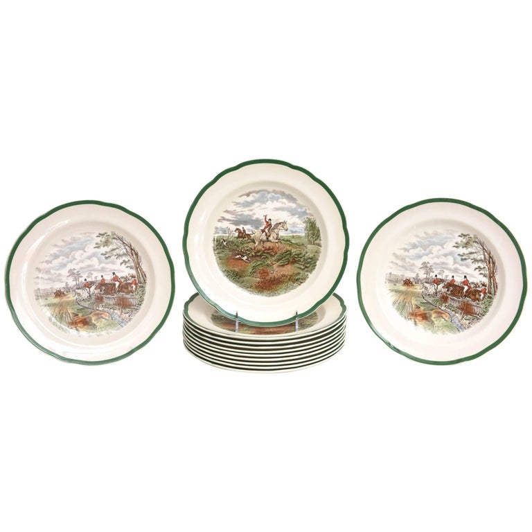 12 Hunt Plates, Copeland Spode, Vintage with Dark Green Trim at 1stDibs spode green plates