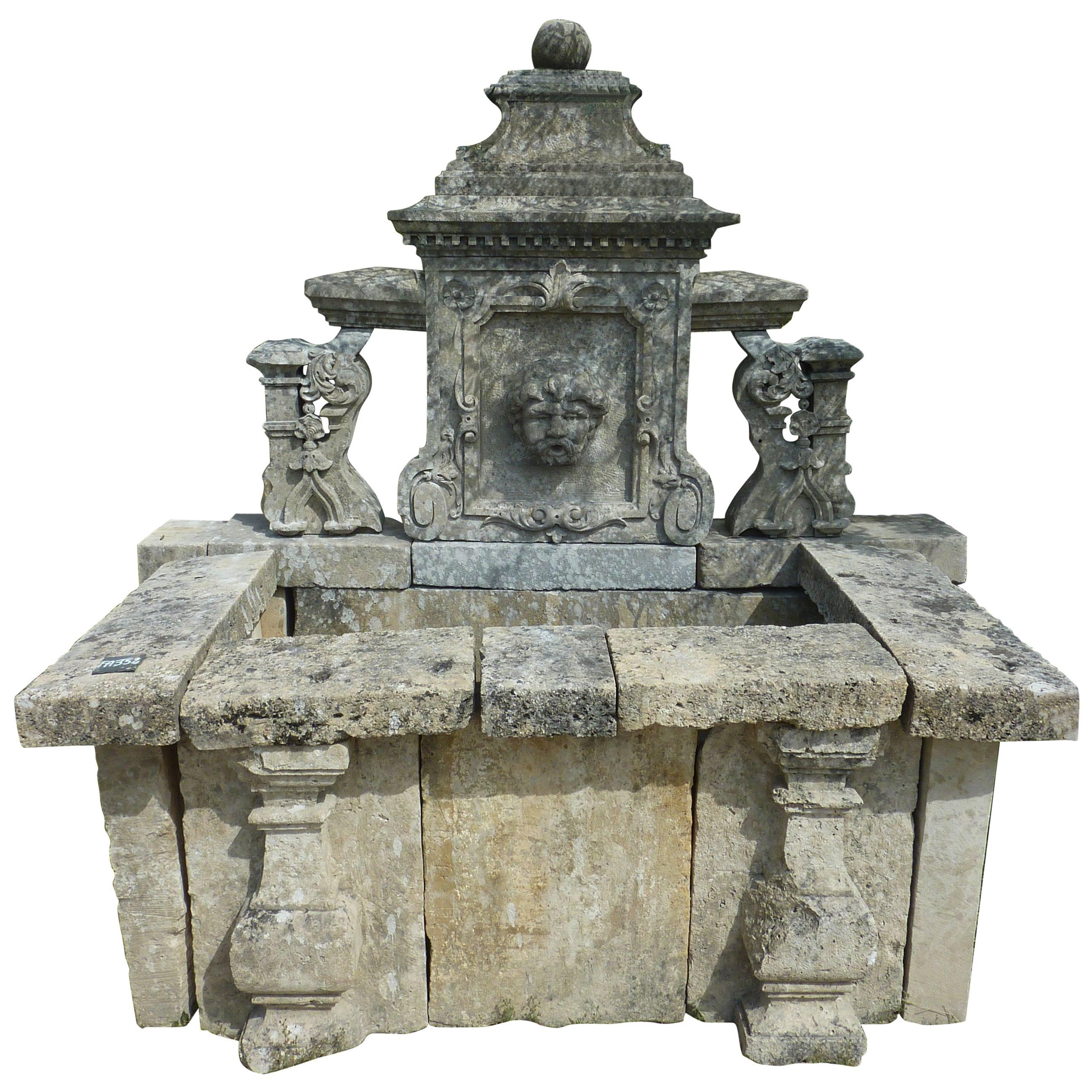 19th Century Ornamental Wall-Fountain Hand-Sculpted in French Stone, Provence For Sale