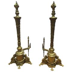 Pair of Lovely 19th Century French Regency Brass Andirons 12