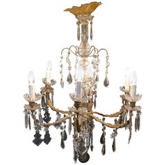 Antique Stunning French Crystal Six-Branch Brass Chandelier