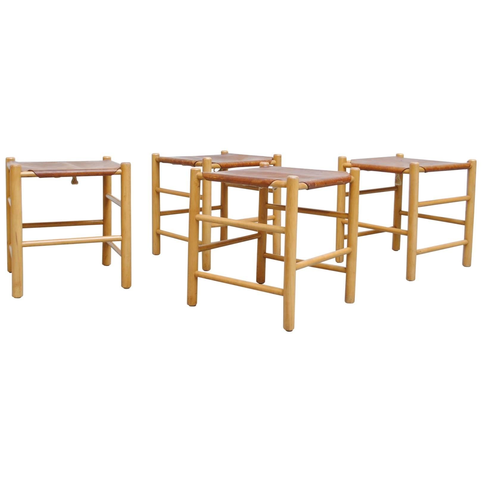 Set of Four Perriand Style Leather Stools