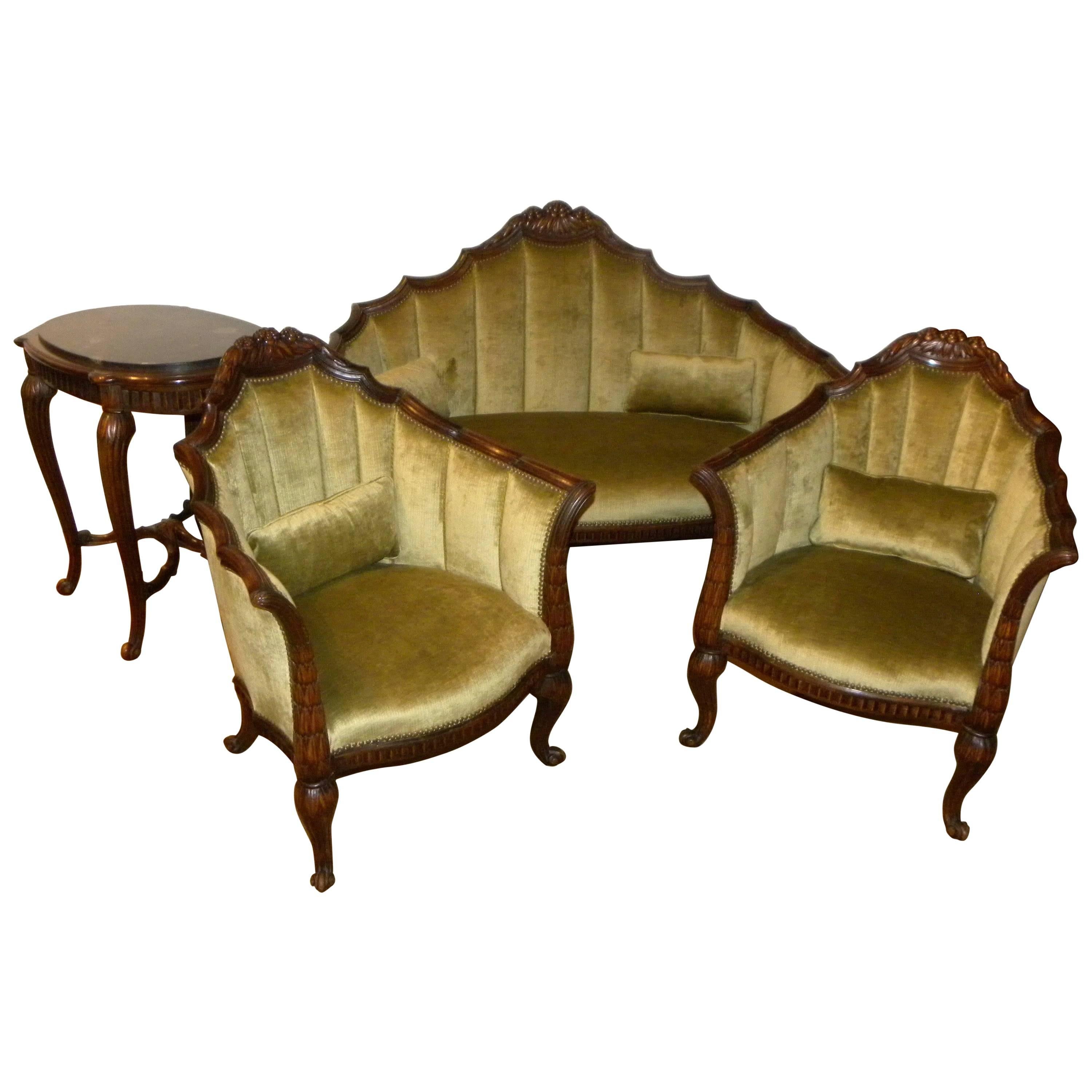 French Art Deco Settee, Chairs and Table in the Style of Paul Follot green
