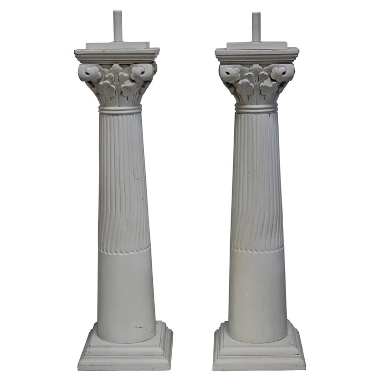 Pair of Wood Column Lamps For Sale