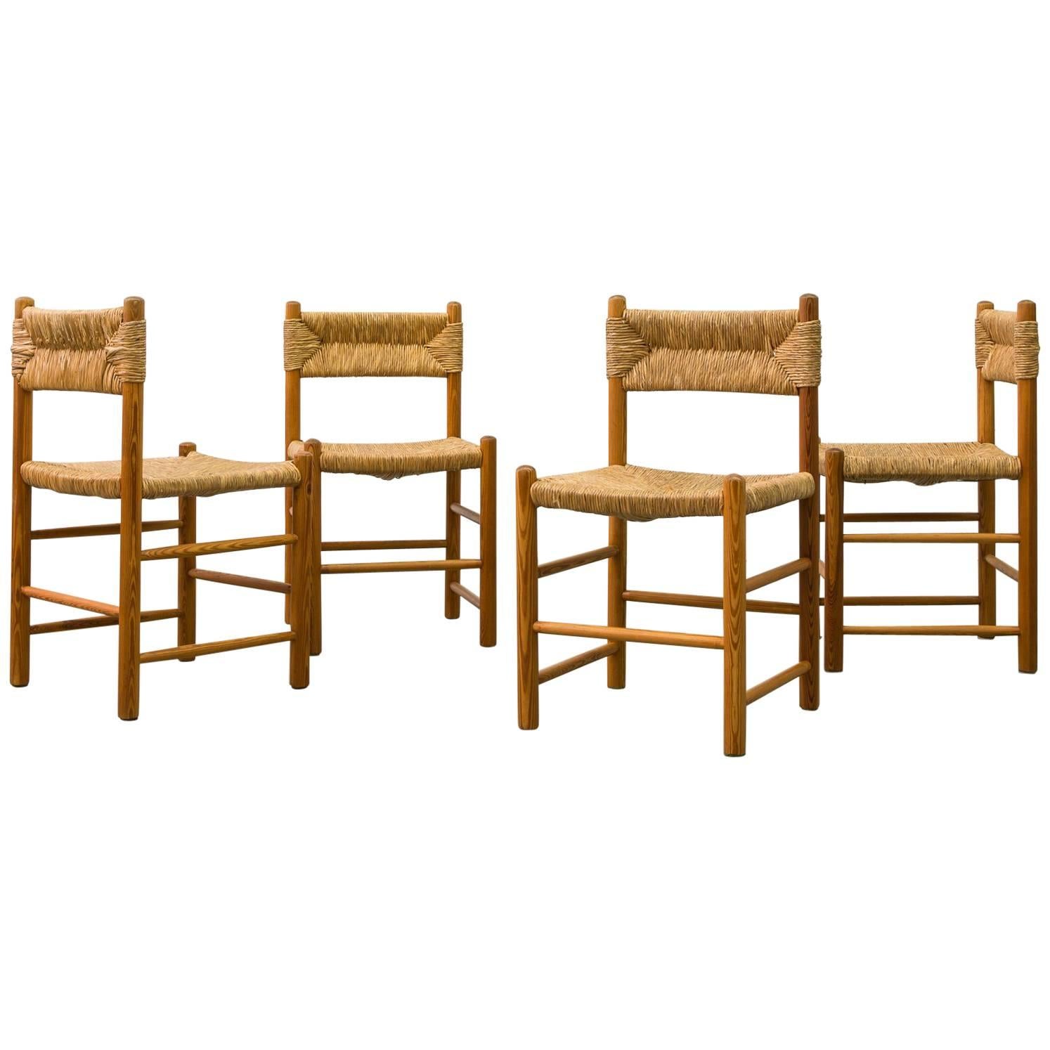 Set of Four Perriand Style Pine and Rush Chairs