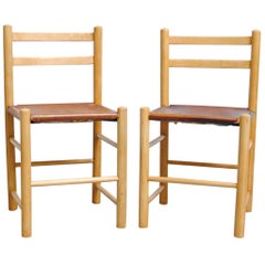Retro Pair of Charlotte Perriand Style Birch and Leather Side Chairs