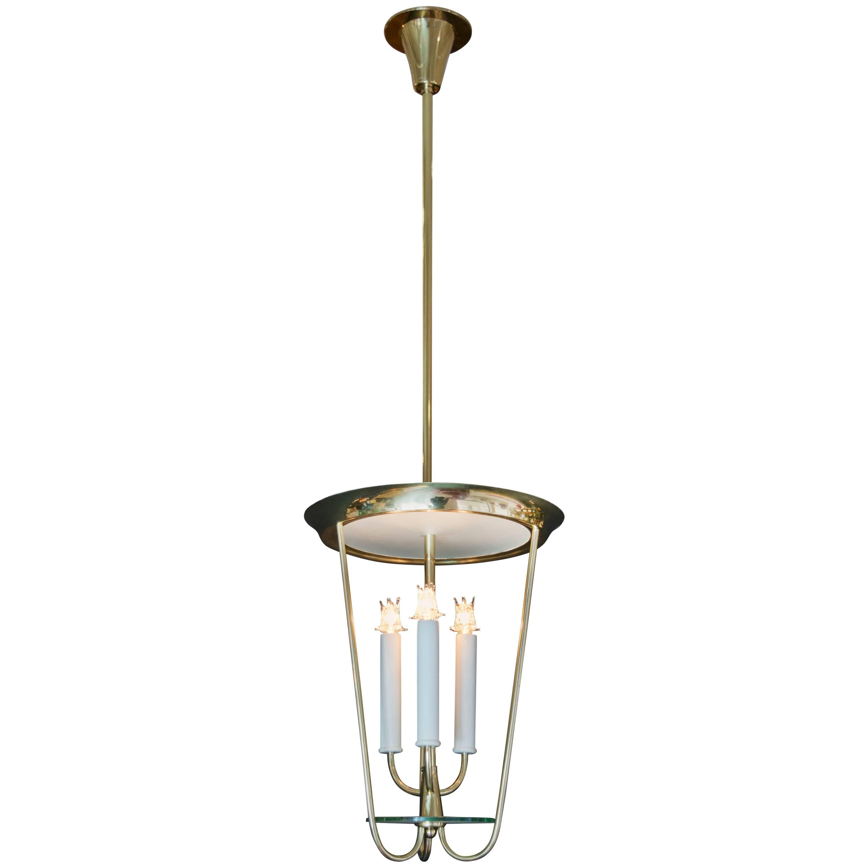 1950s Fontana Arte Style Lantern Pendant in Brass and Glass For Sale