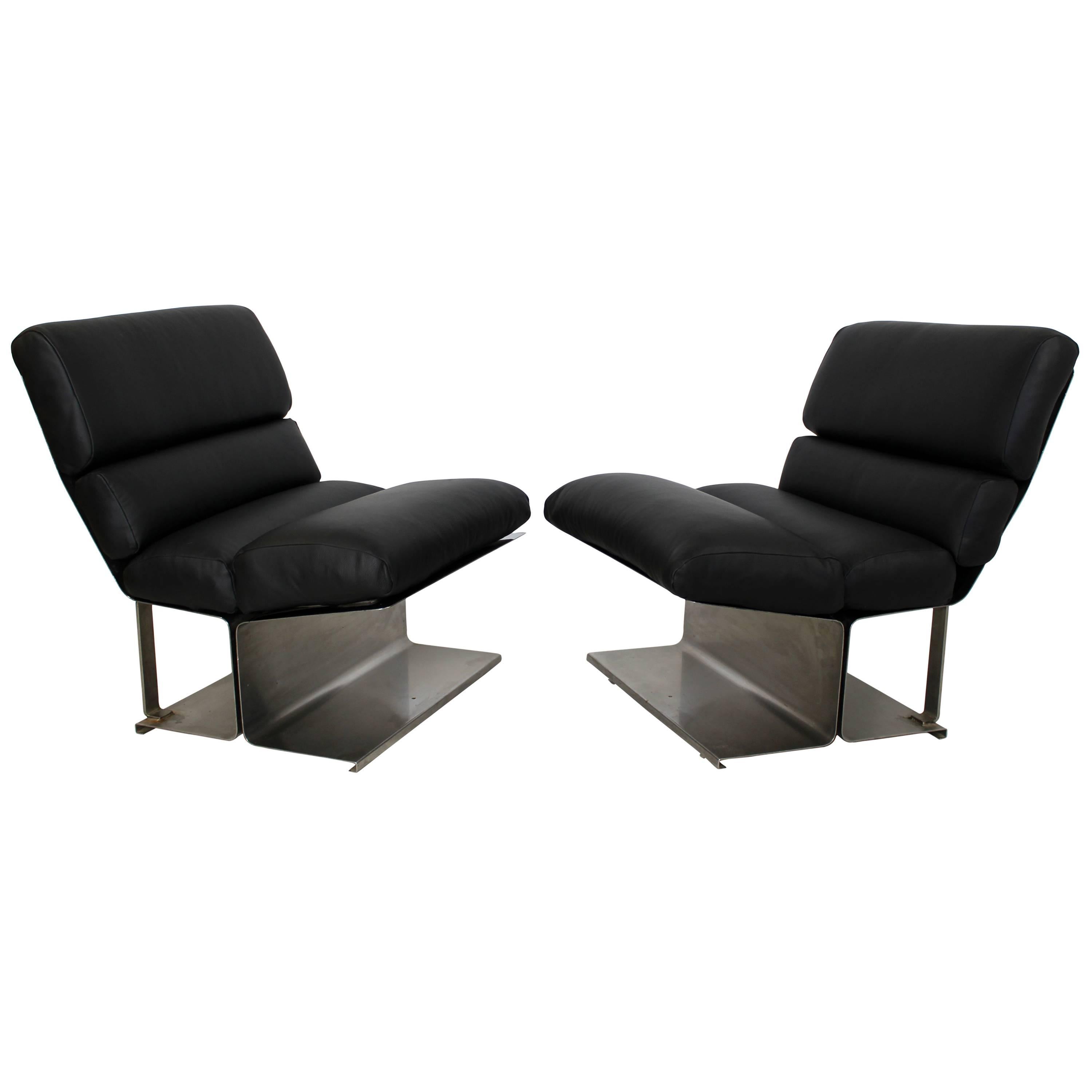 Mid-Century Modern Pair of Steel Leather Lounge Chairs Paul Geoffroy Uginox