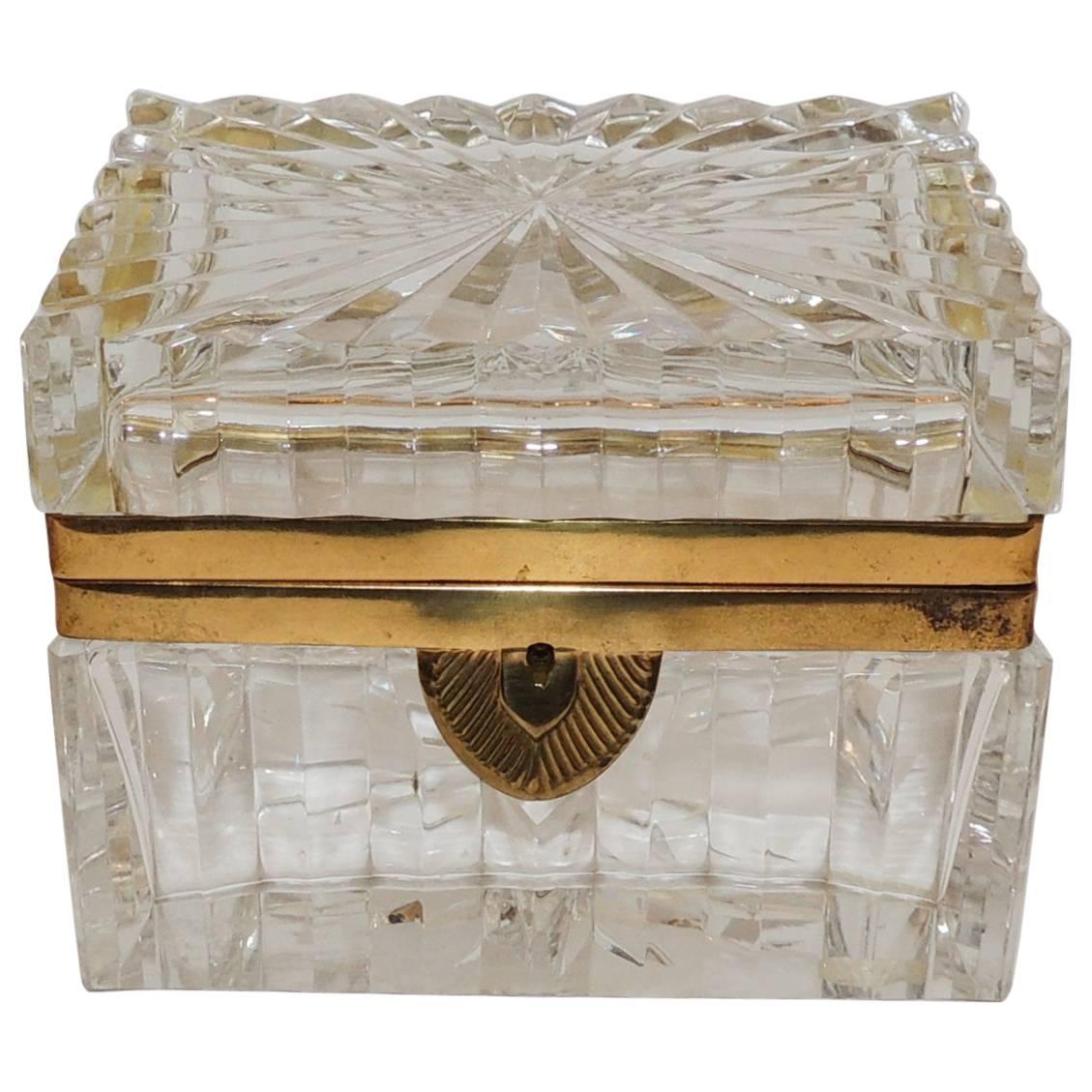 Stunning Pair French Etched Cut Crystal Ormolu-Mounted Deco Casket Jewelry Box
