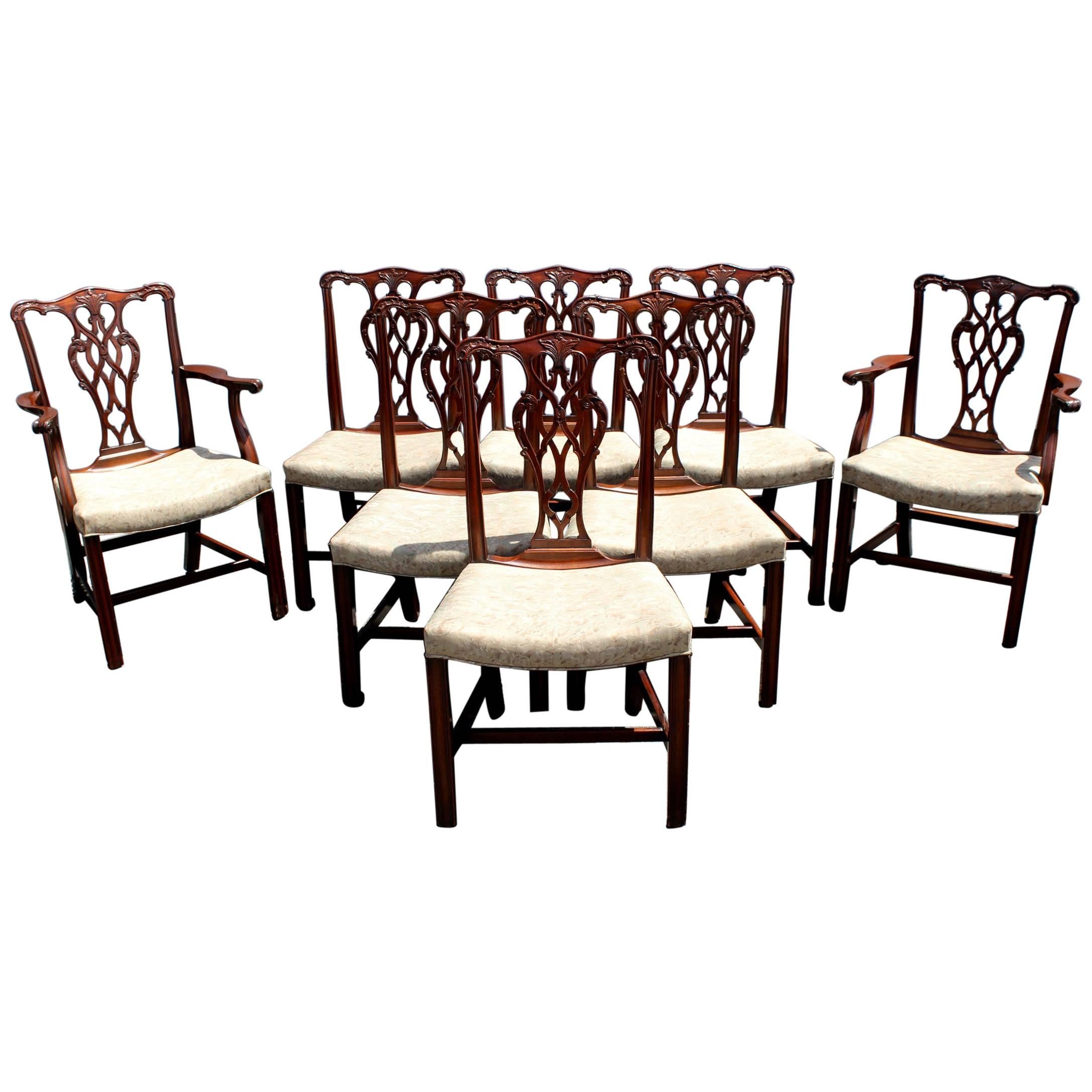 Set of Eight Mahogany Foliate Carved Chippendale Style Dining Chairs
