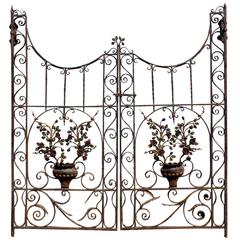 Pair of Polychrome Iron Garden Gates with Urn and Rose Decoration
