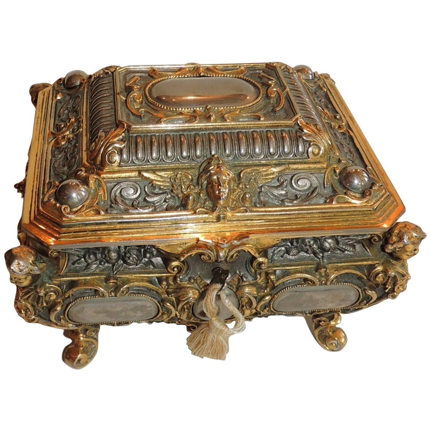 Ornate Vermeil Gilt Silvered Bronze Cherub Footed Casket Jewelry Box Velvet
