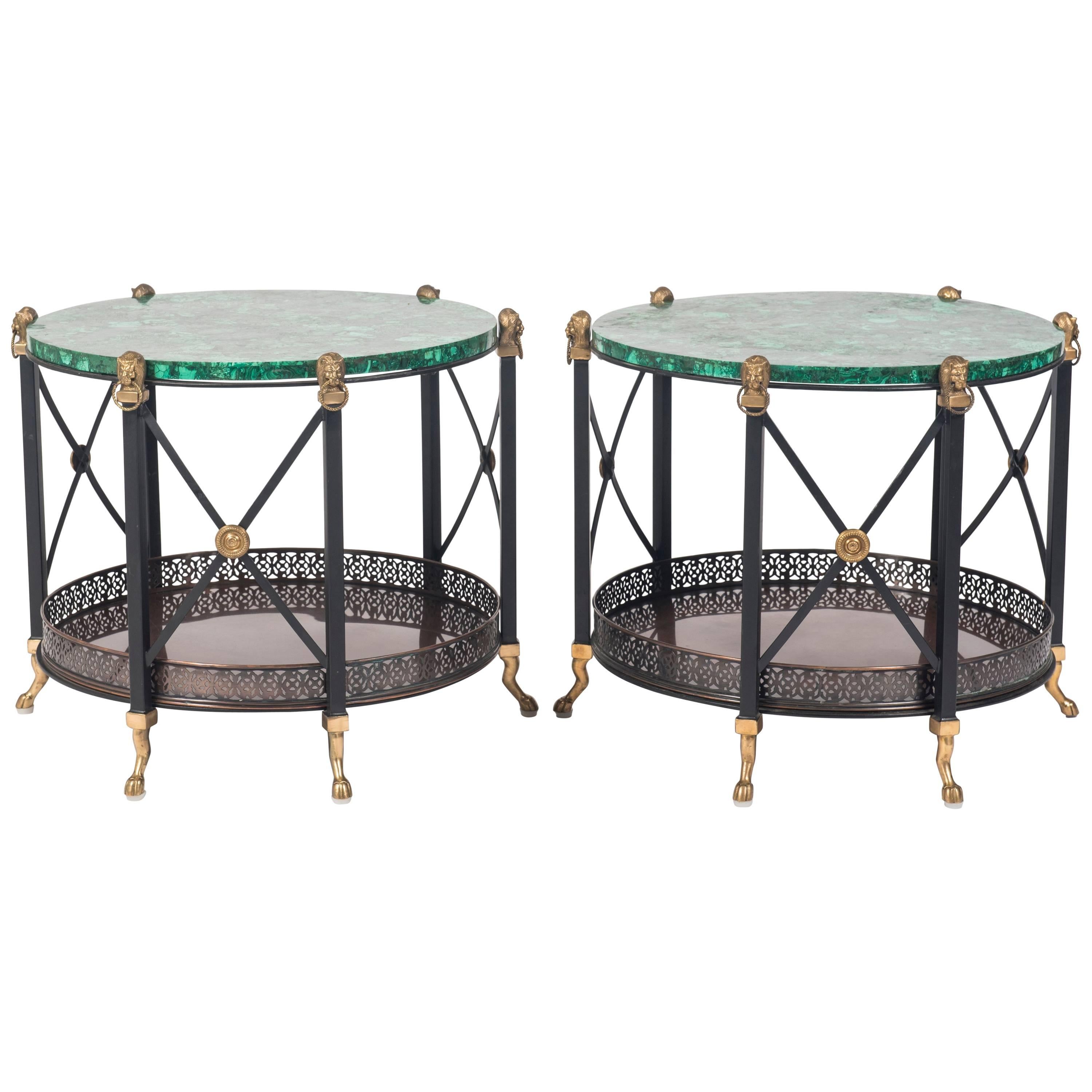 Pair of Maison Jansen Style Bronze and Iron Tables with Malachite Tops